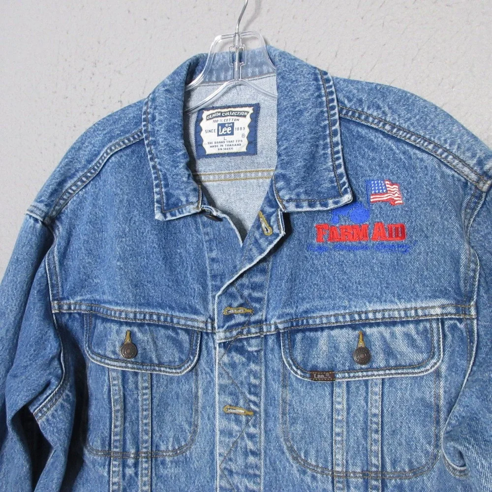 Vintage Lee Denim Jean Jacket Large Farm Aid  Trucker Embroidered Cotton 90s
